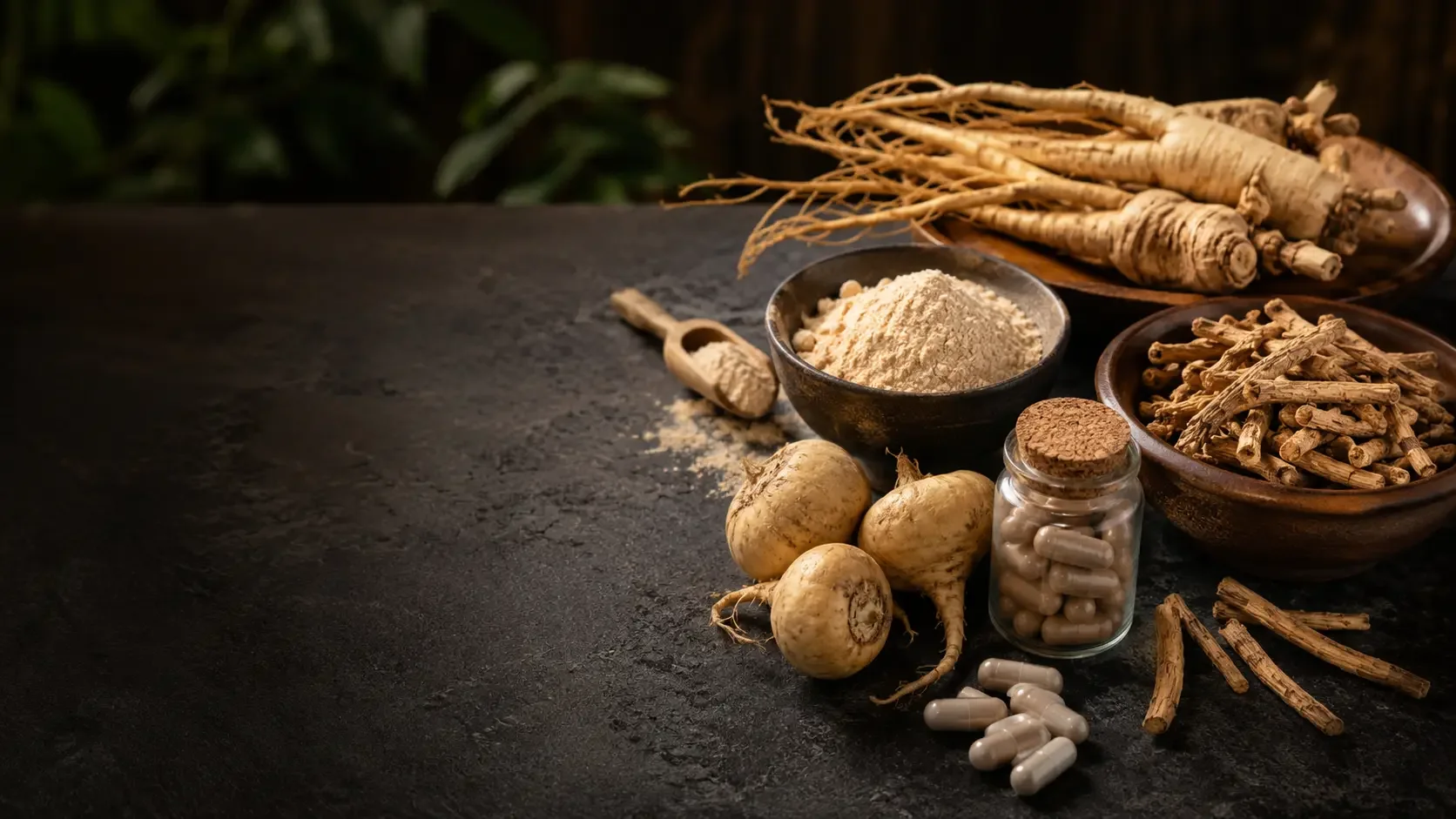 Natural ginseng, maca, ashwagandha, and supplement capsules arranged on a dark surface for an erectile dysfunction article.