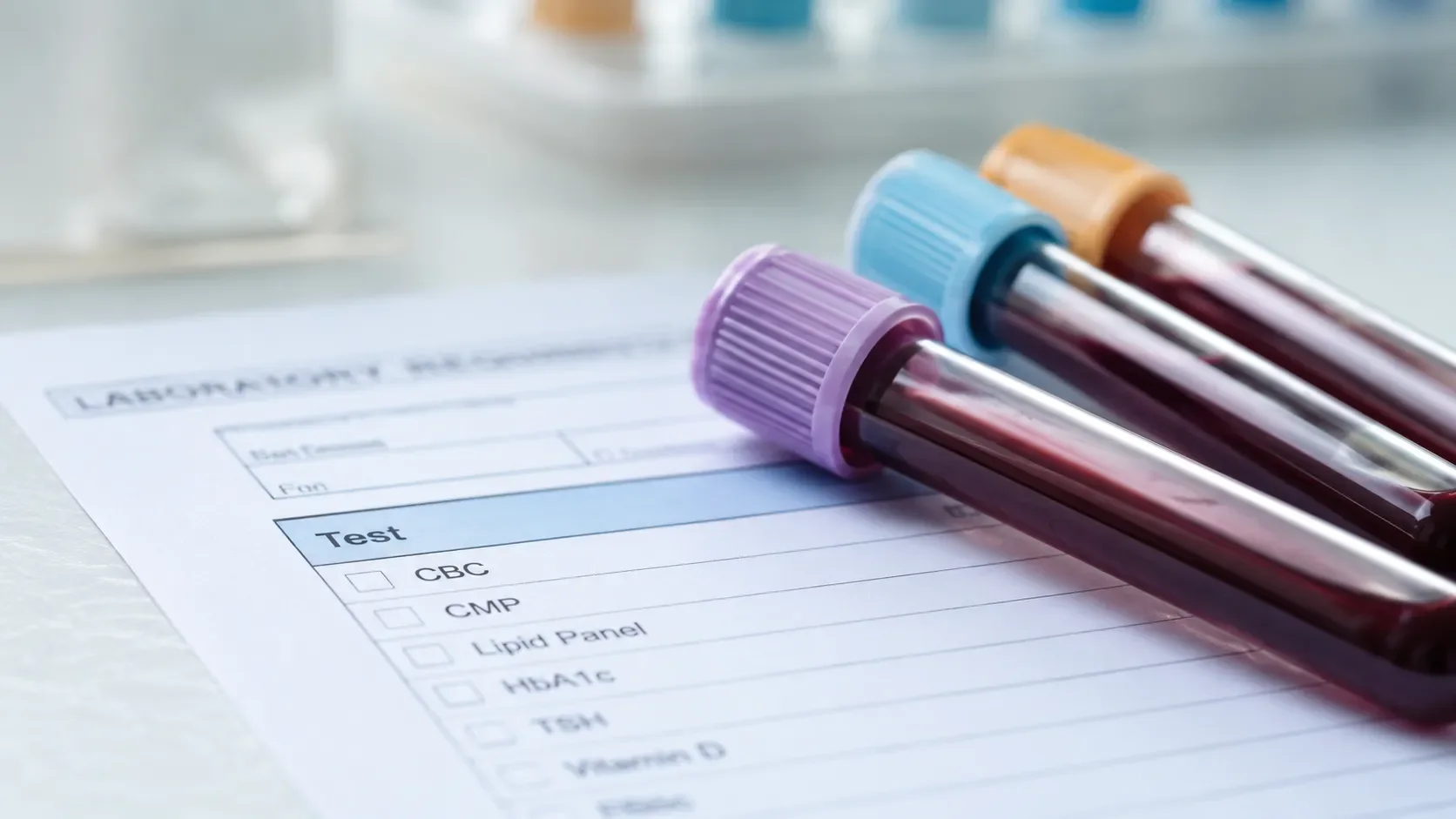 blood lab checklist with blood filled vials sitting on paperwork