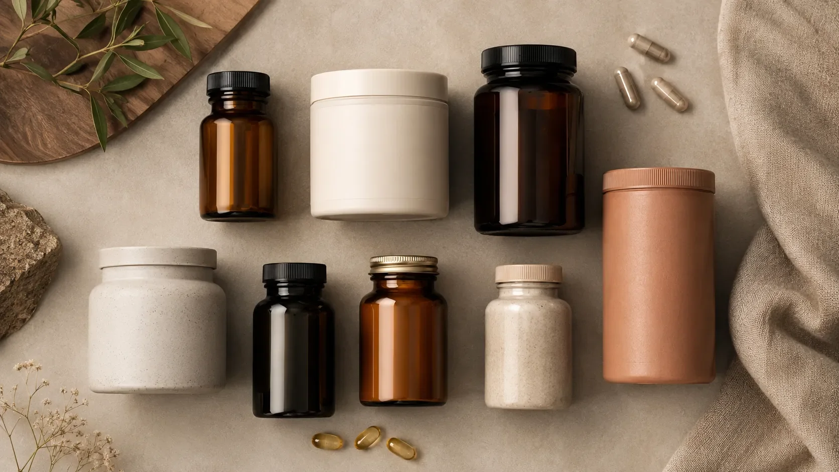 supplement bottles in a row