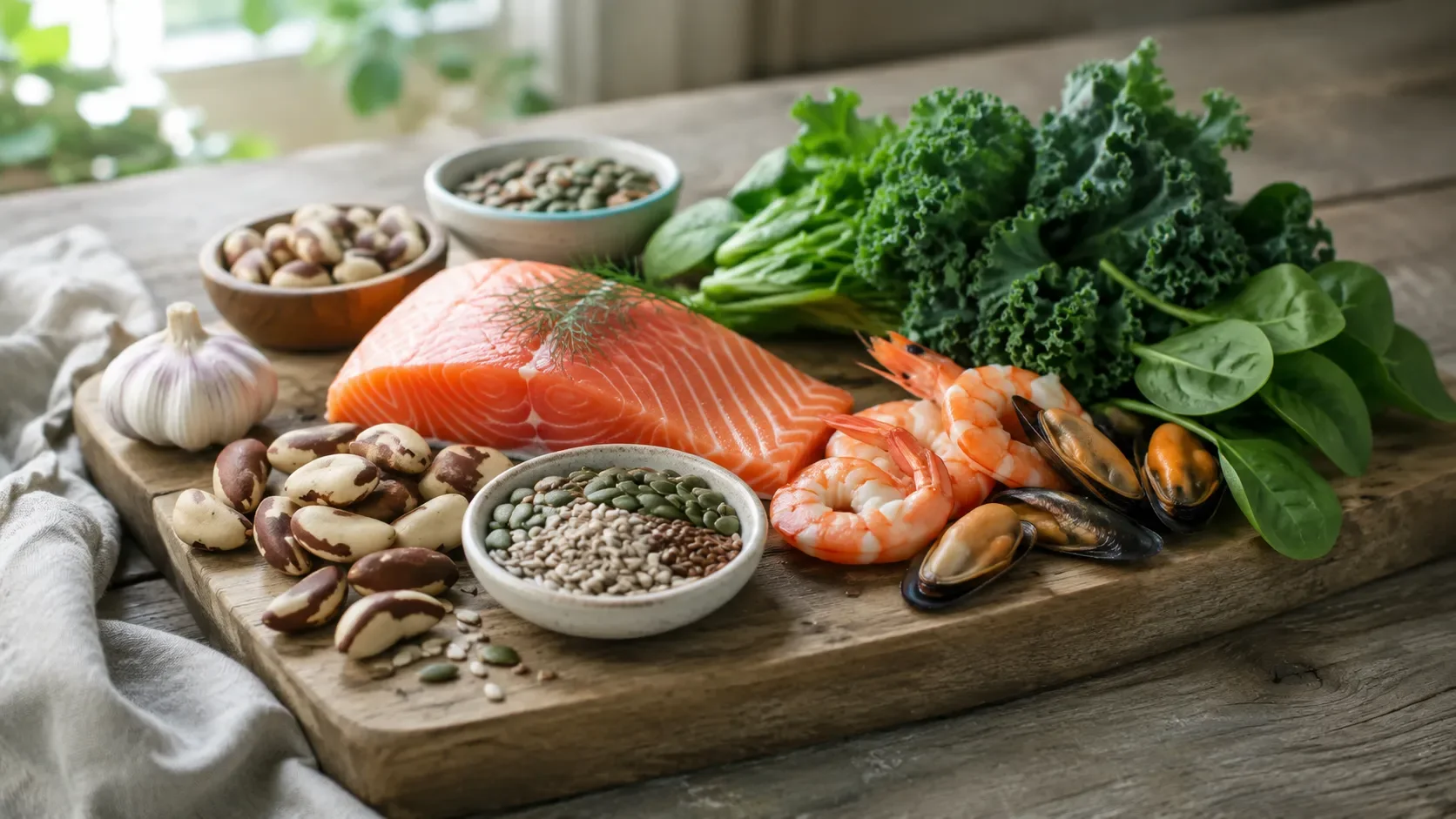 Thyroid-supporting foods including Brazil nuts, salmon, seafood, leafy greens, and seeds arranged on a wooden board.