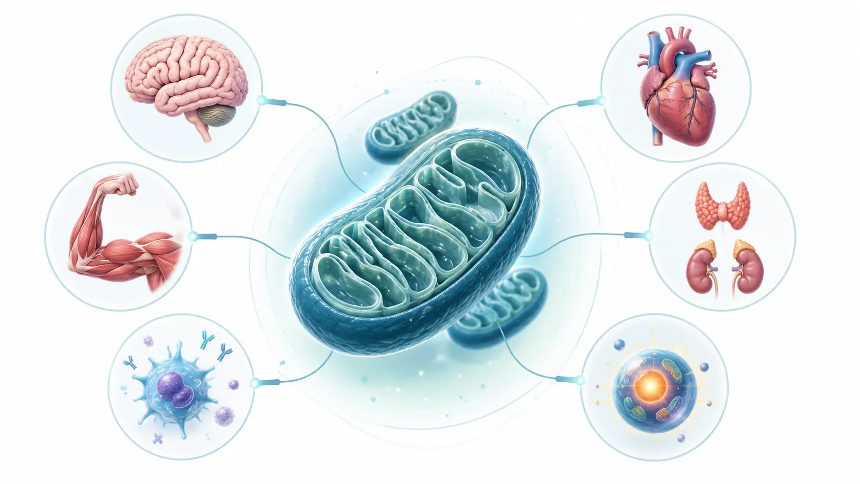 diagram showing how Long COVID symptoms connect to mitochondrial damage and systemic inflammation in the body