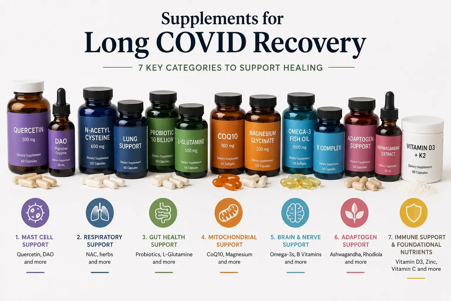 Supplements for Long COVID recovery organized into 7 categories including mast cell, respiratory, gut, mitochondrial, and brain support