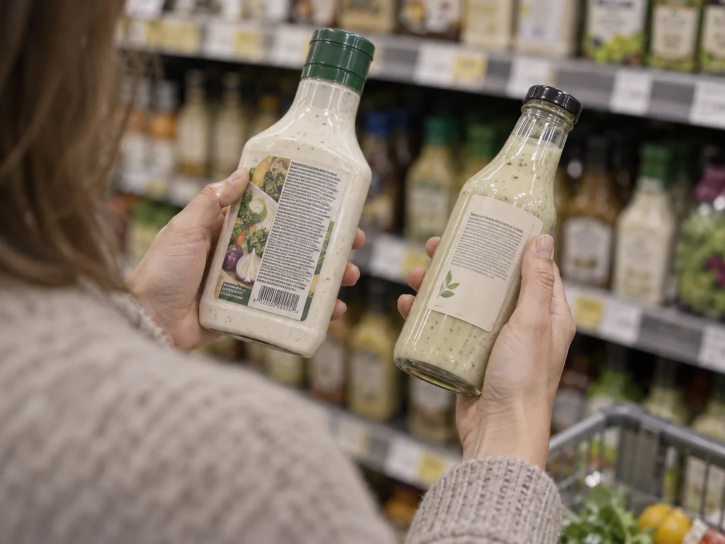 Person comparing ingredient labels on two packaged foods while shopping for products without polysorbate 80