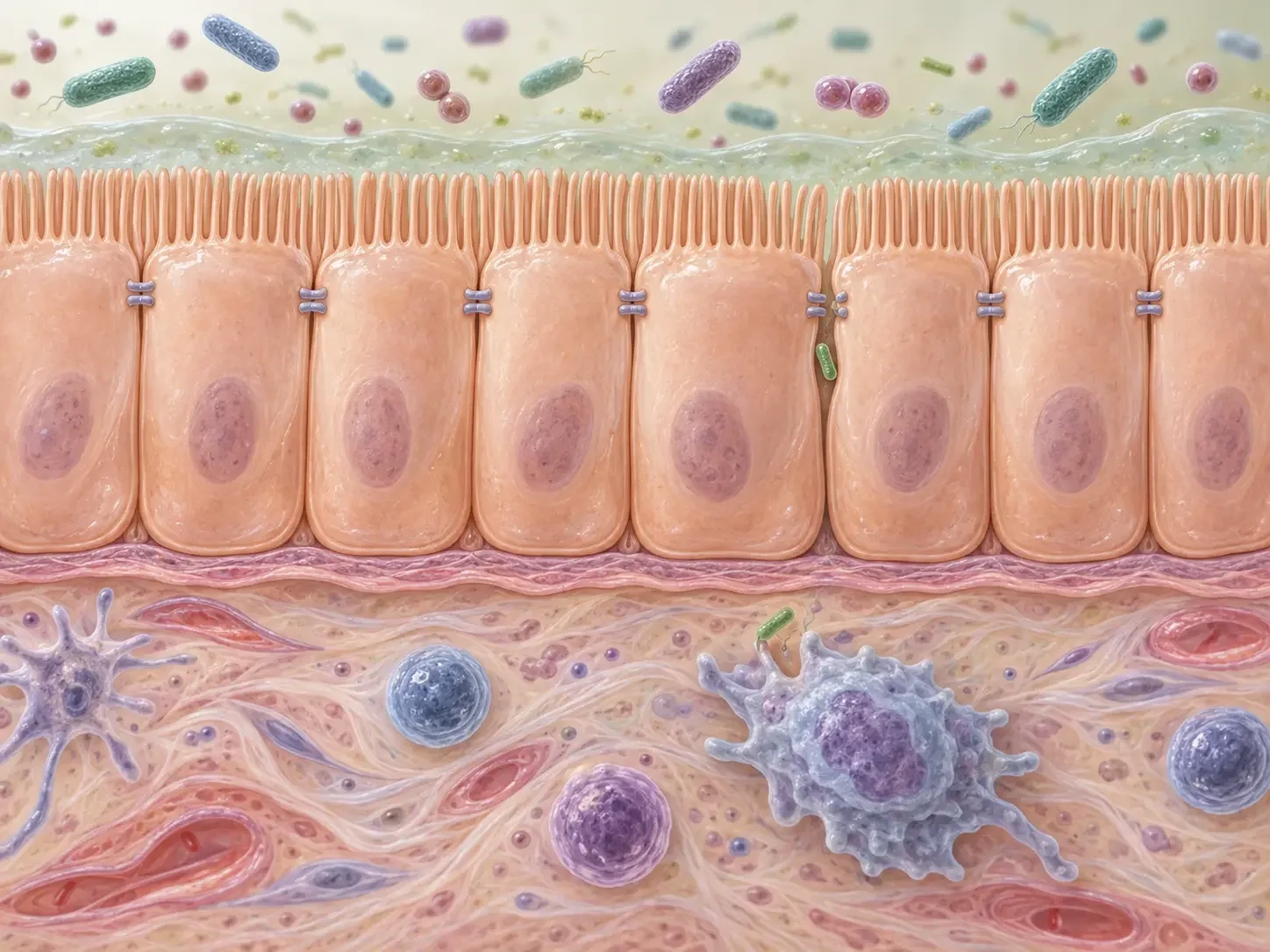 Scientific illustration of intestinal epithelial cells, tight junctions and bacterial movement across the gut barrier