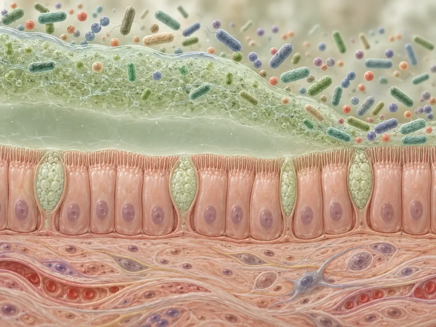 Scientific illustration of the protective intestinal mucus layer separating gut bacteria from intestinal cells