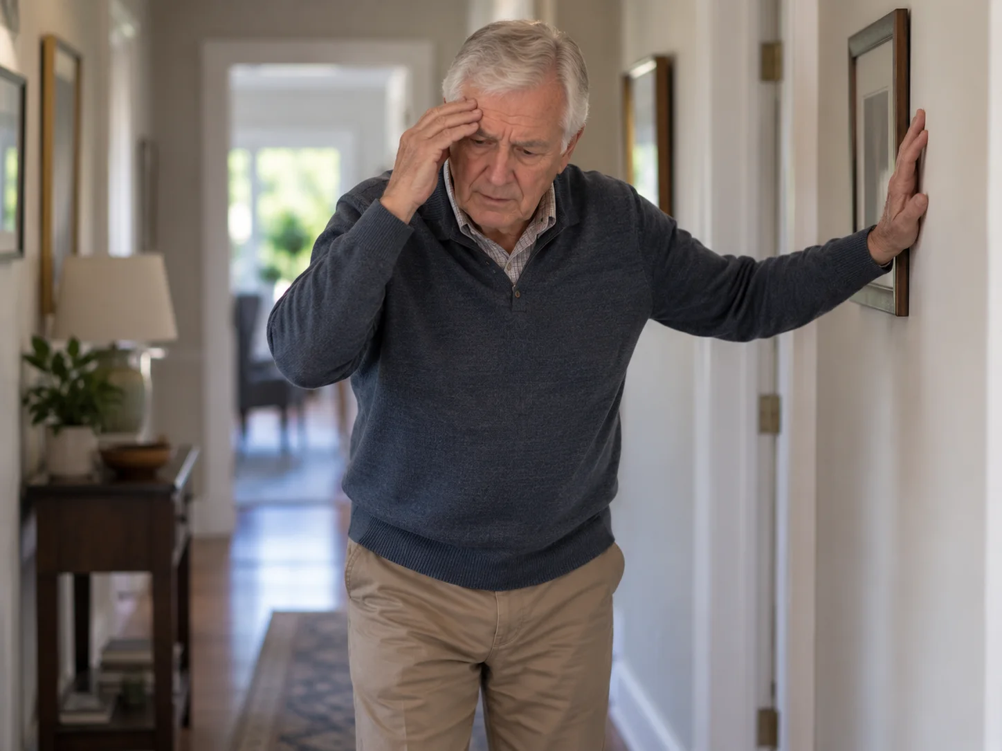 An older adult steadying himself against a wall after a wave of dizziness