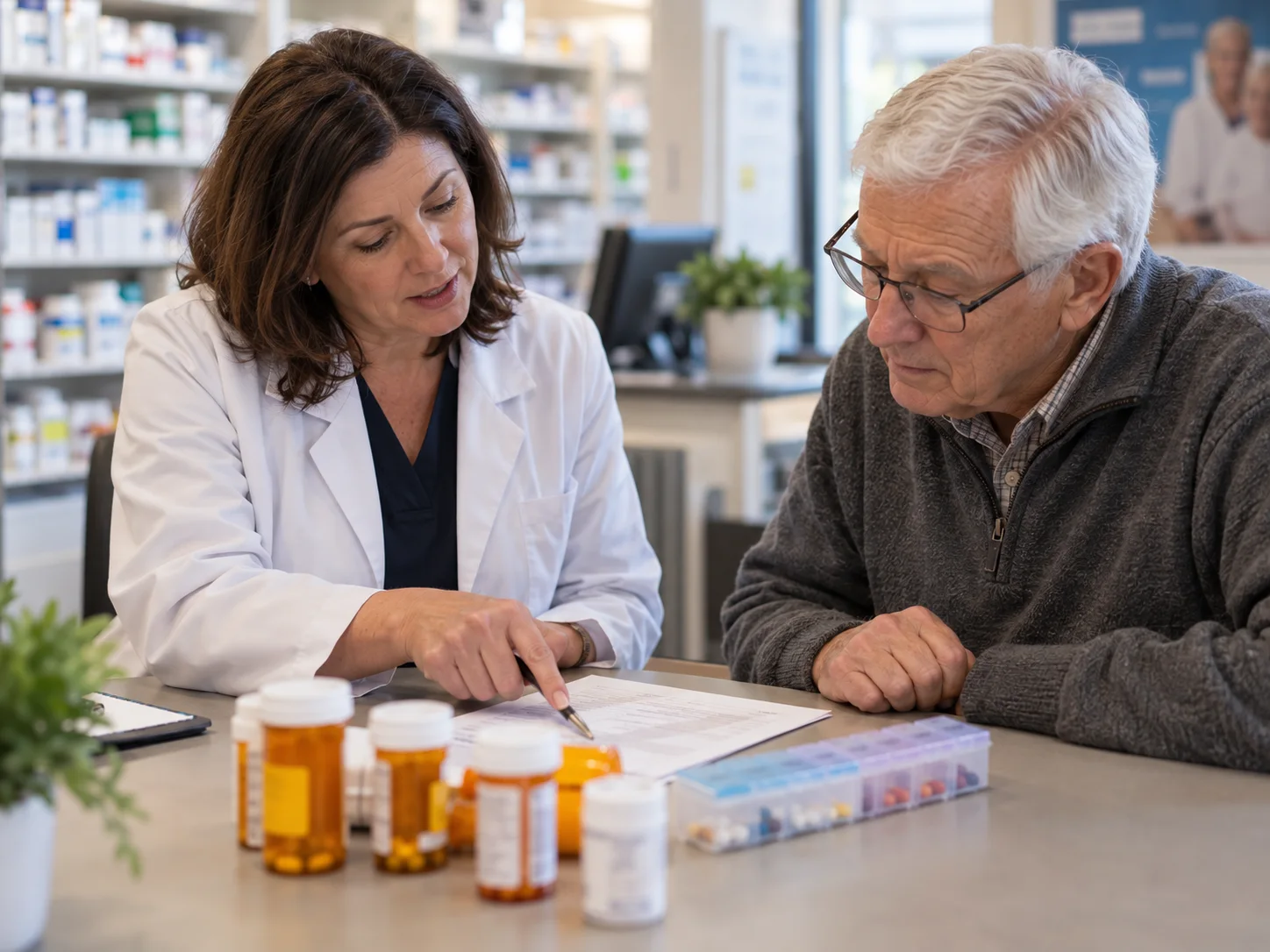 A pharmacist reviewing an older patient's medication list together