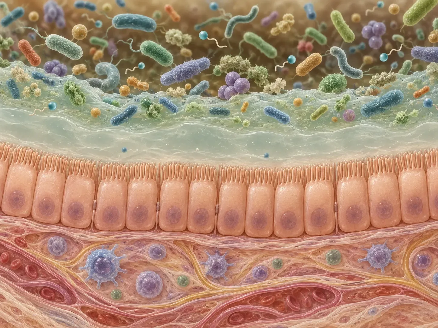 Scientific illustration of gut bacteria interacting with the intestinal mucus layer during polysorbate 80 research