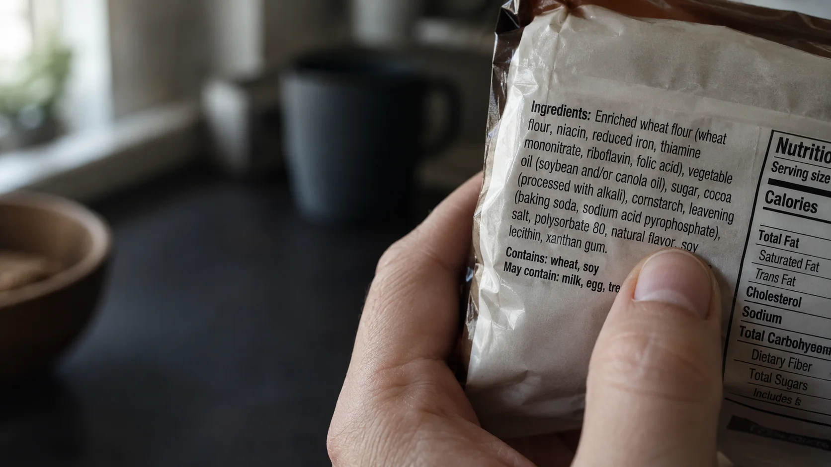 Grocery ingredient label with polysorbate 80 beside processed foods and scientific gut research imagery