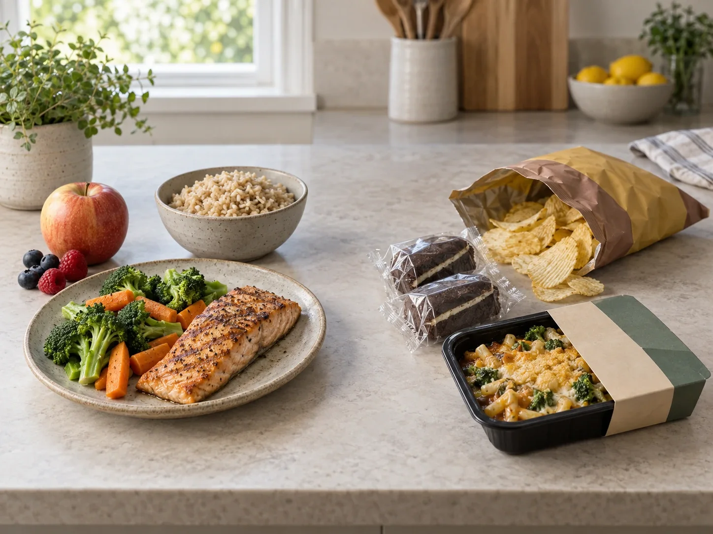 Whole-food meal compared with ultra-processed packaged foods on a kitchen counter