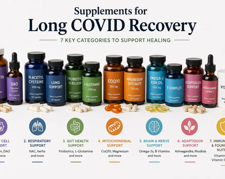 Supplements for Long COVID recovery organized into 7 categories including mast cell, respiratory, gut, mitochondrial, and brain support